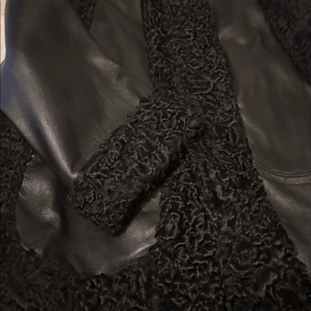 Black lamb fur trim lambskin leather coat L - Picture 7 of 12